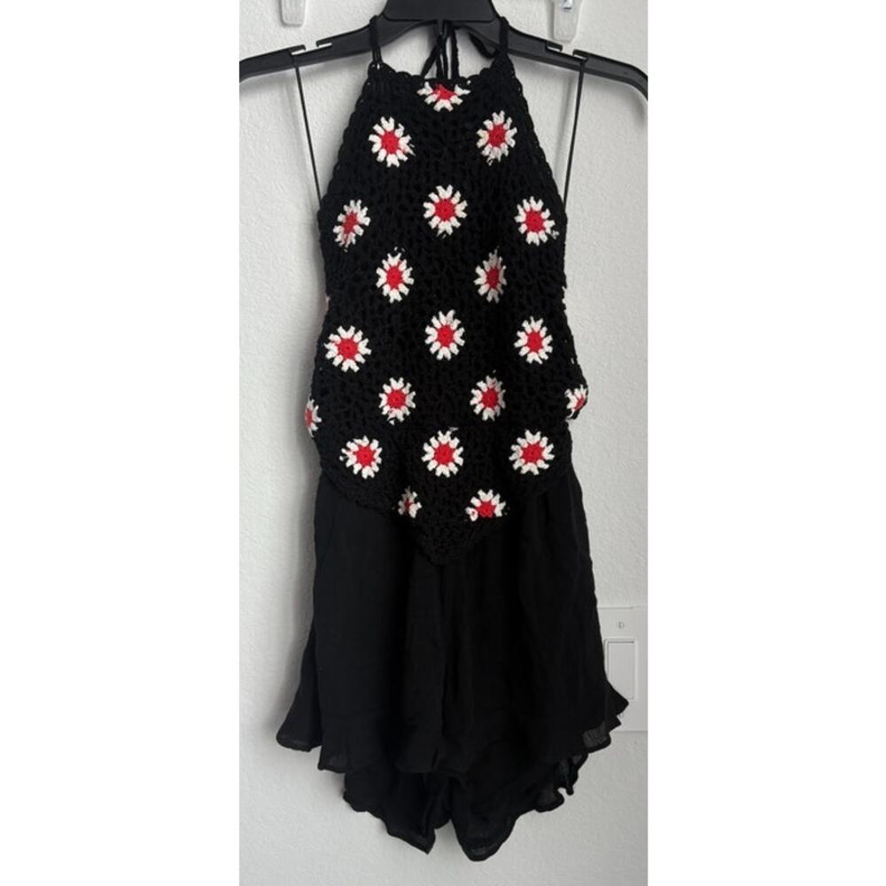 Womens Chrysanthemum Crochet Knit Halter Romper Size Small